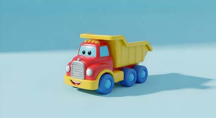 Fototapeta premium Cartoon Dump Truck Toy on Blue Background.