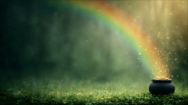 Pot of gold under rainbow with soft sparkles, lush green meadow, sunny weather, clean bright advertising look, symbol of St. Patrick&rsquo;s Day celebration and Irish folklore tradition