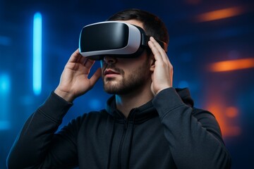 Man wearing VR headset in dark hoodie, digital futuristic style, glowing neon blue and orange background, concept of virtual reality experience. Ai generative