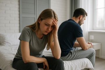 Sad young couple sitting on bed after quarrel, natural light, cozy bedroom interior, concept of relationship problems and emotional stress. Ai generative