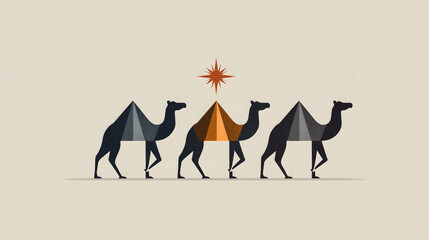 Stylized silhouettes of three camels under a bright star symbolizing the Epiphany and journey of the Three Wise Men