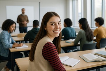 Young woman smiling in classroom with diverse students and teacher, natural photographic style, bright indoor setting. Concept of learning and education. Ai generative