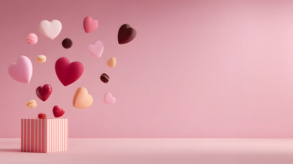 Open gift box with pink and red hearts floating out on pastel background symbolizing Valentine’s Day love and romantic surprise