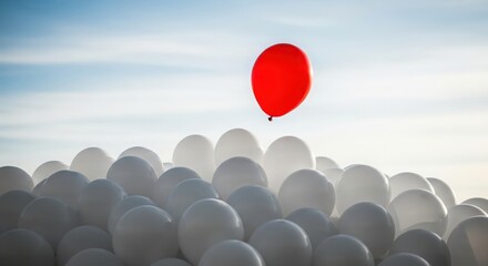 Red Balloon Rising Above White Balloons — Symbolizing uniqueness, contrast, and individuality