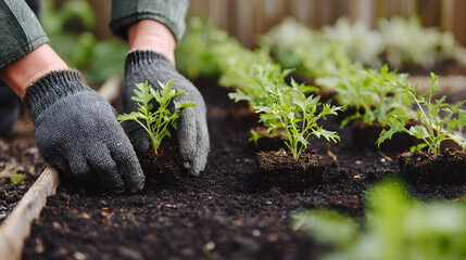 Hands in gardening gloves planting young seedlings in soil showing sustainable practices and community garden activity
