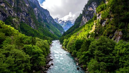 Fototapeta premium River flows through a verdant gorge, mountains peek through cloudy sky
