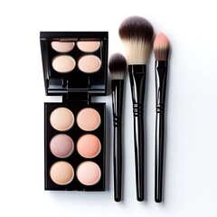 Makeup palette with various shades and professional brushes for cosmetics application