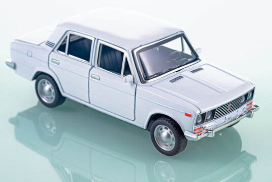 Minsk, Belarus- March 8, 2025: Metal Scale Demo Car as Lada 2101 Model Car on Stand in Minsk, Belarus at March 8 , 2025