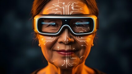 Elderly Asian Woman Testing Prototype Sleep-Tech Goggles in Amber Light