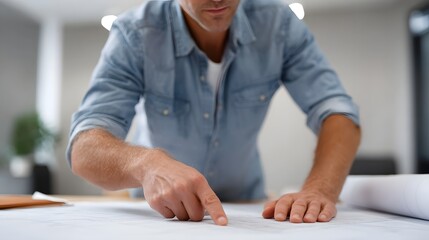 Male professional in denim shirt intently examines architectural blueprints spread out on a desk pointing to a detail