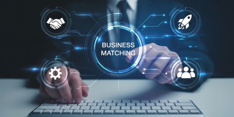 Business Matching Concept: A person uses a keyboard, with an animated visual of business connections and collaboration. Evoking a sense of modern business and technological progress.