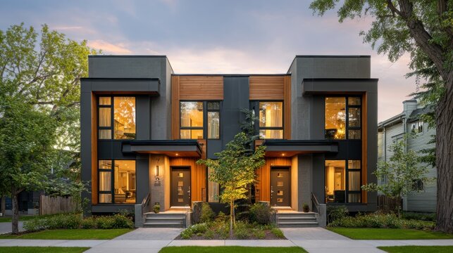 Modern duplex design with natural accents, set in a green neighborhood.