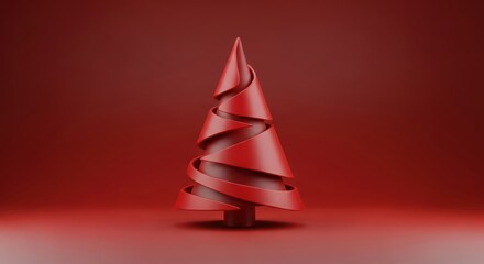 Fototapeta premium Modern Red Christmas Tree Design on Monochrome Red Background — 3D Festive Illustration