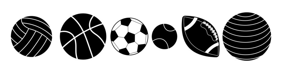 Set of black silhouette sports balls: volleyball, basketball, soccer, tennis, rugby and fitness ball. Minimalist vector icons for prints, stickers, web design and sport-themed projects.
