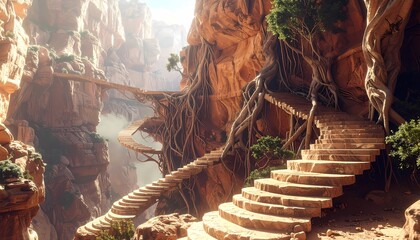 Enchanting fantasy landscape with ancient tree roots and stone steps leading upwards through a sunlit canyon.