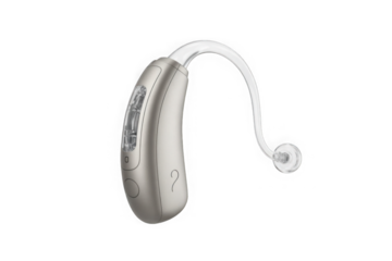 hearing aid device with transparent tubing and minimalist design, showcasing the elegance and functionality for enhanced hearing isolated on white background