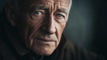 close-up portrait of sad man with deep wrinkles and copy space
