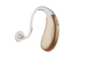 Modern beige hearing aid device for improved hearing ability isolated on transparent background
