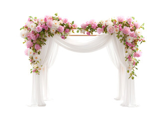 Elegant Wedding Arch with Pink and White Roses and Flowing White Fabric Drapes isolated on a transparent background