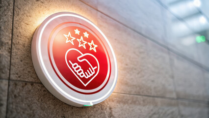 Employee appreciation day illustration. glowing appreciation icon with heart and handshake is displayed on wall, symbolizing gratitude