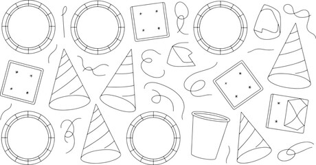 Black and white outline party supplies and decorative swirls on white background party hat birthday