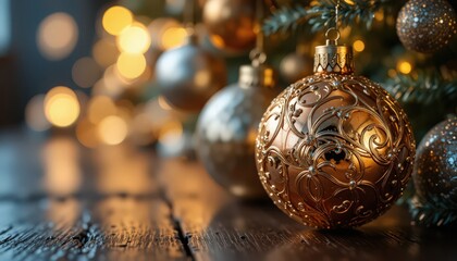 A close-up of a luxurious, detailed gold Christmas ornament resting on a dark wooden surface