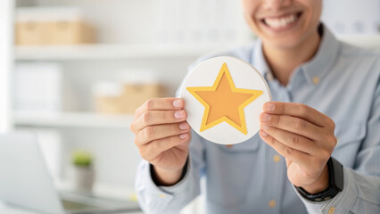 Employee appreciation day illustration. Smiling person holding star icon in bright office setting, conveying positivity and achievement