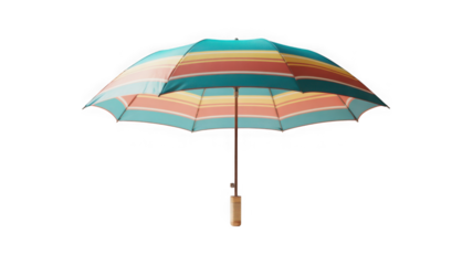 Vibrant striped open umbrella with wooden handle, cut out on white isolated on transparent background