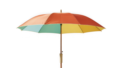 Vibrant multi-colored beach umbrella providing perfect summer shade isolated on transparent background