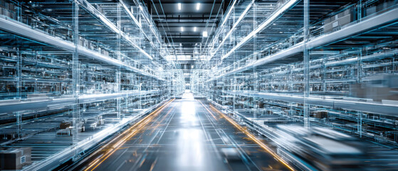 Futuristic shelving displays goods in a modern warehouse, highlighting digital connections relevant to Industry 4.0 technology and innovation