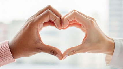 Obraz premium Employee appreciation day illustration. Two hands form heart shape, symbolizing love and unity against soft, blurred background