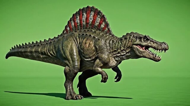 Ferocious spinosaurus dinosaur with prominent sail roaring aggressively against a vibrant green screen background for visual effects
