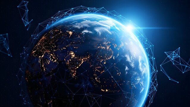 Global network connection over planet earth with city lights