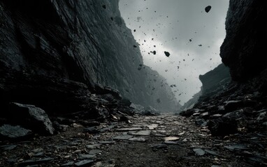 A narrow rocky gorge under a stormy sky, with debris cascading down, creating a dark, dramatic scene