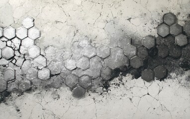 Abstract monochrome image depicting fragmented honeycomb-like pattern on cracked surface
