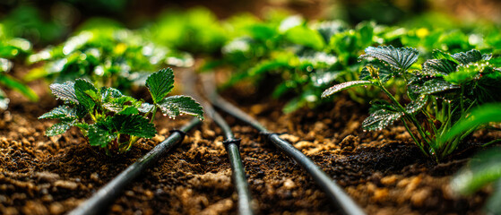 Drip irrigation pipes run along the ground to water strawberry plants in a garden setting with a shallow depth of field focusing on the plants