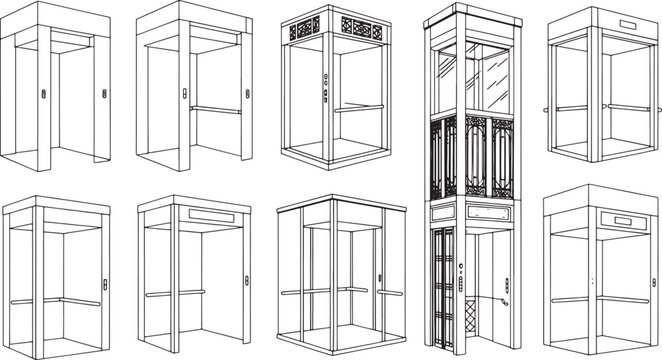 Collection of black and white line art vector illustrations of various elevator cabins lift building