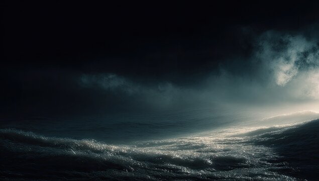 Dark, ominous ocean scene under a stormy, foreboding sky. Waves churn with turbulent energy
