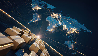 High impact cloud network connecting locations around the world with data streams and delivery boxes in view