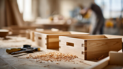 Assembling cabinet drawers on workshop floor. A carpenter puts together drawer boxes, tools scattered nearby. The sawdust and sunlight create the narrative of craftsmanship solving