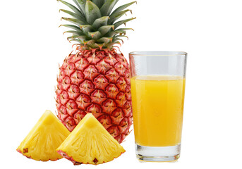 perfectly ripe tropical pink pineapple, golden slices, and chilled juice in a glass, hyper-detailed commercial still life against a transparent background. concept for beverage advertising
