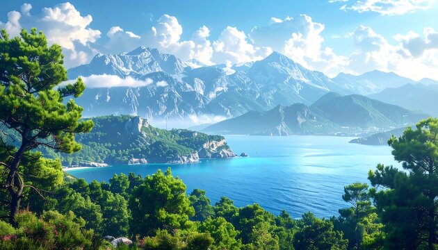 Serene coastal view with turquoise water, lush green trees, and majestic snow-capped mountains under a cloudy sky - Powered by Adobe
