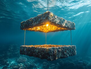 Surreal underwater scene with a glowing structure resembling a lamp concept