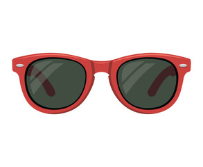 A illustration of vibrant red sunglasses with dark tinted lenses isolated on white