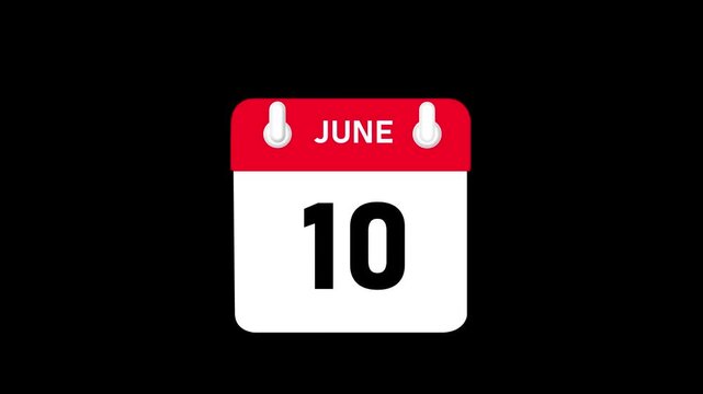 June month 10 date Calendar animation video with black background.4k motion video animation .