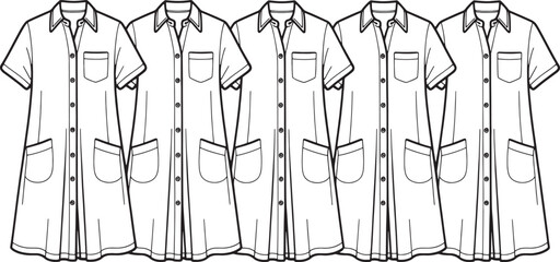 Five black and white line art illustrations of short sleeve button up shirts with pockets clothing apparel
