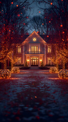 Grand mansion night, beautifully illuminated with warm, festive light, creating magical and enchanting holiday atmosphere. This luxury architecture evokes sense of wonder and inviting tranquility