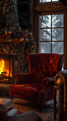 Warm, cozy living room, comforting ambiance, glowing stone fireplace, plush red velvet armchair. Relaxation beside large window, serene snowy winter landscape, ideal for peaceful traditional