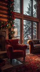 Warm inviting living room decorated for Christmas, offering peaceful view of snowy winter landscape outside large windows. comfortable red armchair, patterned rug, and festive garlands with bows