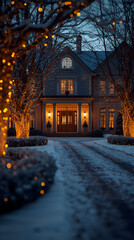 Elegant house bathed in warm christmas lights at night. snowy driveway leads to festive home, creating magical winter scene with glowing decorations